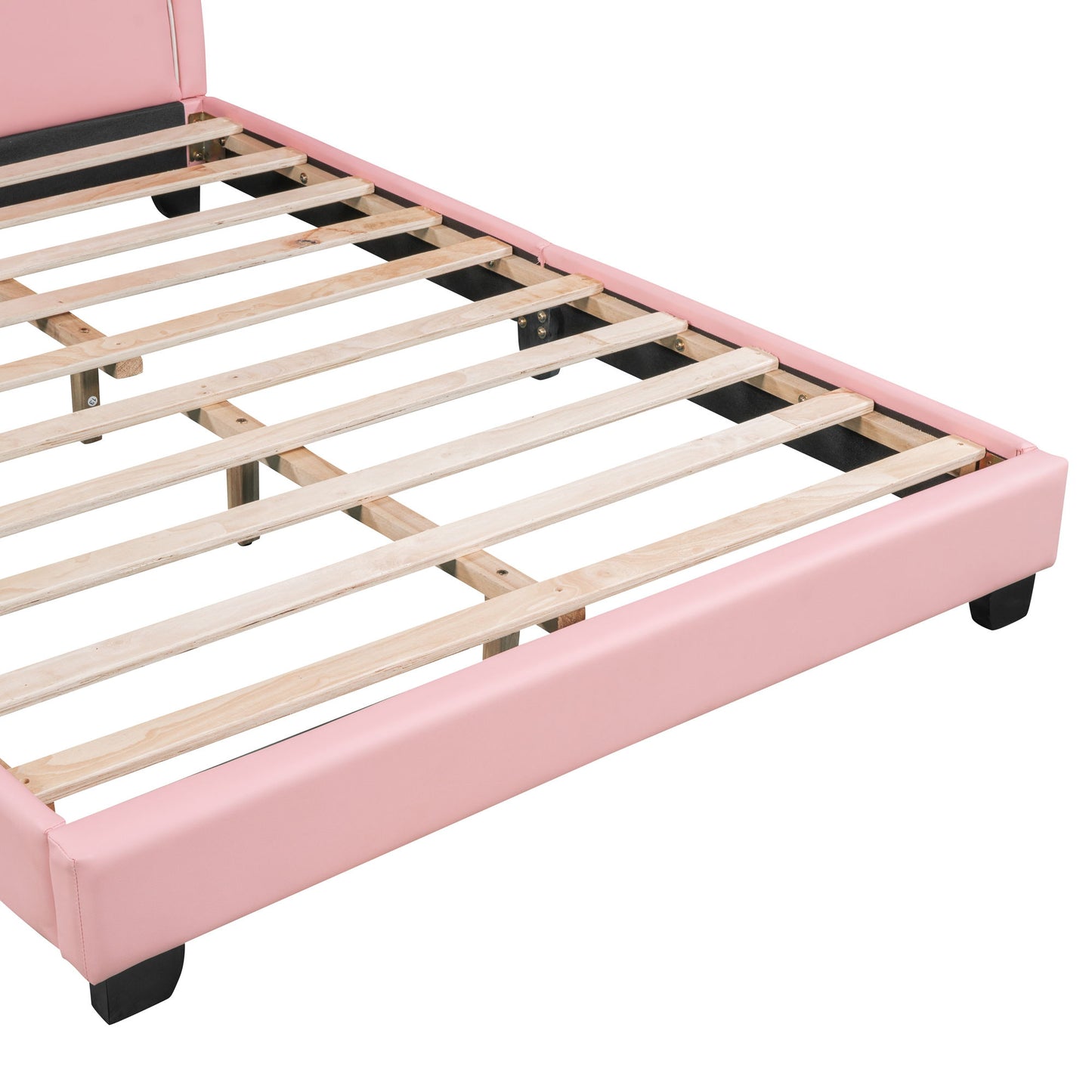 Full Size Upholstered Leather Platform Bed With Rabbit Ornament, Pink