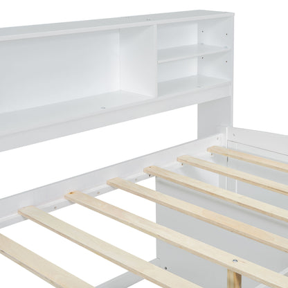 Full Size Daybed With 2 Bedside Cabinets, Upper Shelves And 4 Drawers - White