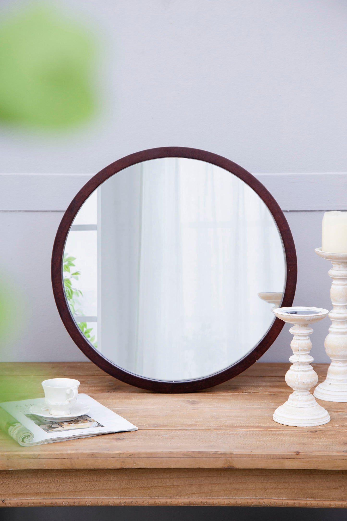Circle Wall Mirror With Wooden Frame And Walnut Finish, Wall Mirror For Living Room Dining Room - Brown