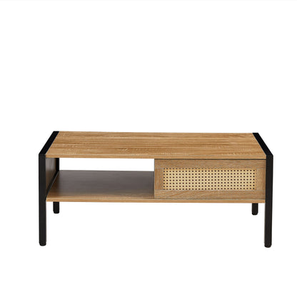 40.16" Rattan Coffee Table, Sliding Door For Storage, Metal Legs, Modern Table For Living Room - Natural