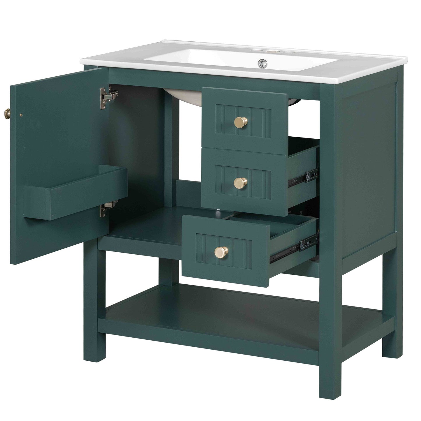 Transitional Style Bathroom Vanity Cabinet Combo With Ceramic Sink - Green