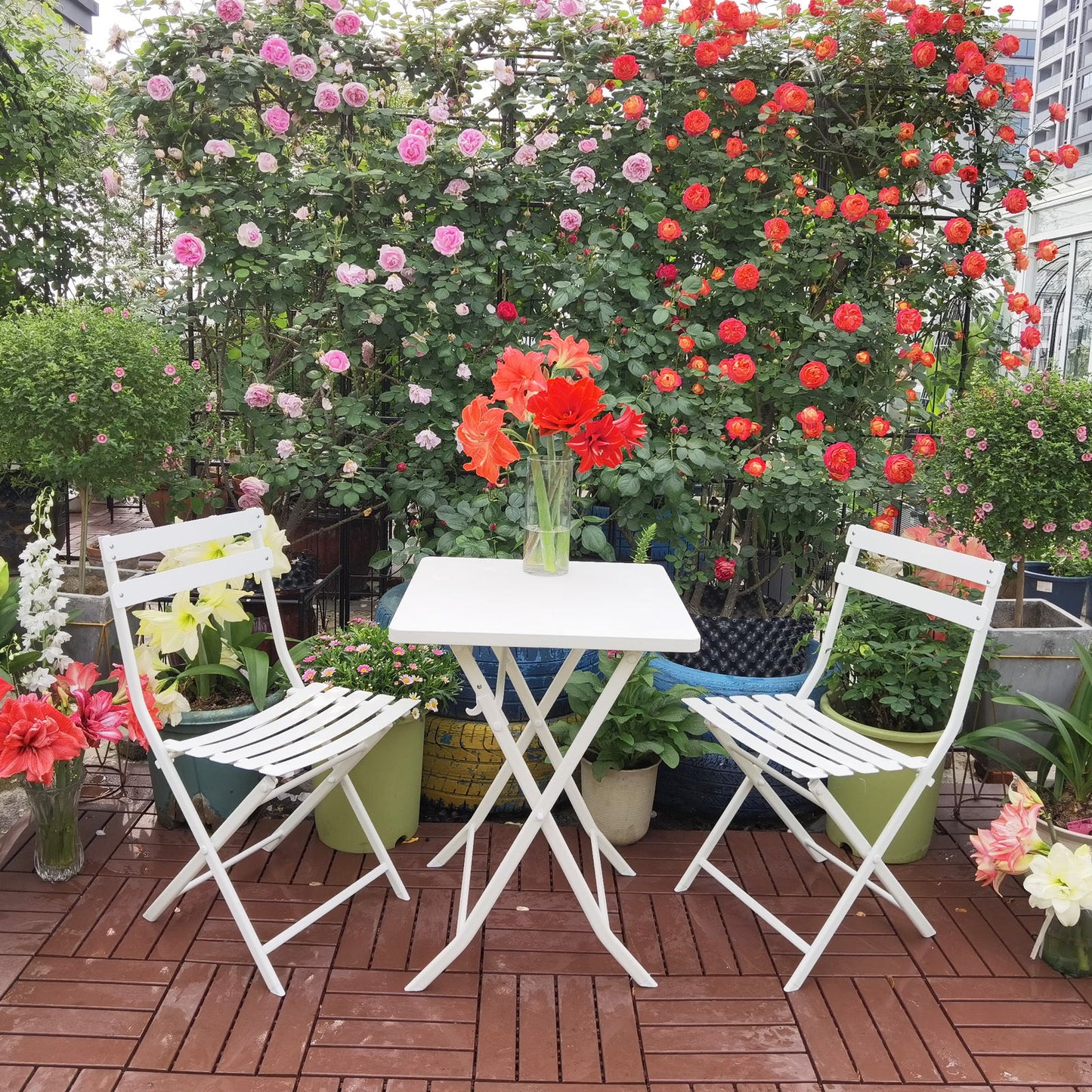 3 Piece Patio Bistro Set Of Foldable Square Table And Chairs - White
