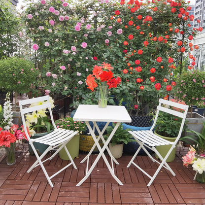 3 Piece Patio Bistro Set Of Foldable Square Table And Chairs - White