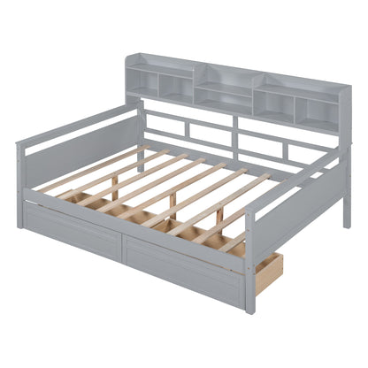 Full Size Daybed, Slat Support, With Bedside Shelf And 2 Drawers - Gray