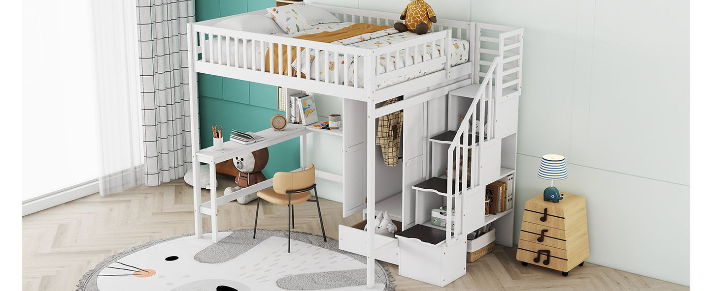 Full Size Loft Bed With Bookshelf, Drawers, Desk, And Wardrobe - White