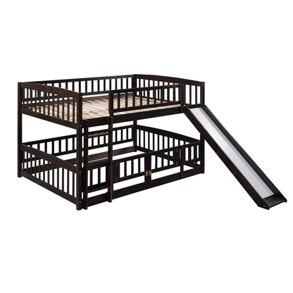 Full Over Full Low Bunk Bed With Slide, Fence And Ladder For Toddler - Espresso