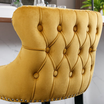 Contemporary Velvet Upholstered Wing-Back Barstools With Button Tufted Decoration And Wooden Legs, And Chrome Nailhead Trim, Leisure Style Bar Chairs, Bar Stools (Set of 4) - Gold