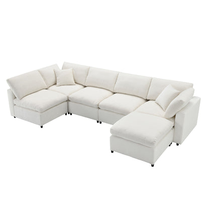 Modern Modular Cloud Sofa Bed, 6 Seat Chenille Sectional Couch Set With Ottoman, Free Combination, Convertible U Shaped Sleeper Sofa - Beige