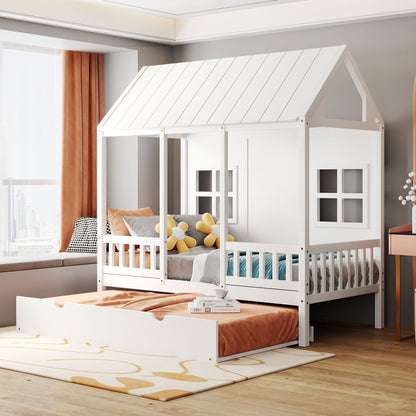 Twin Size House Bed With Twin Size Trundle, Daybed - White