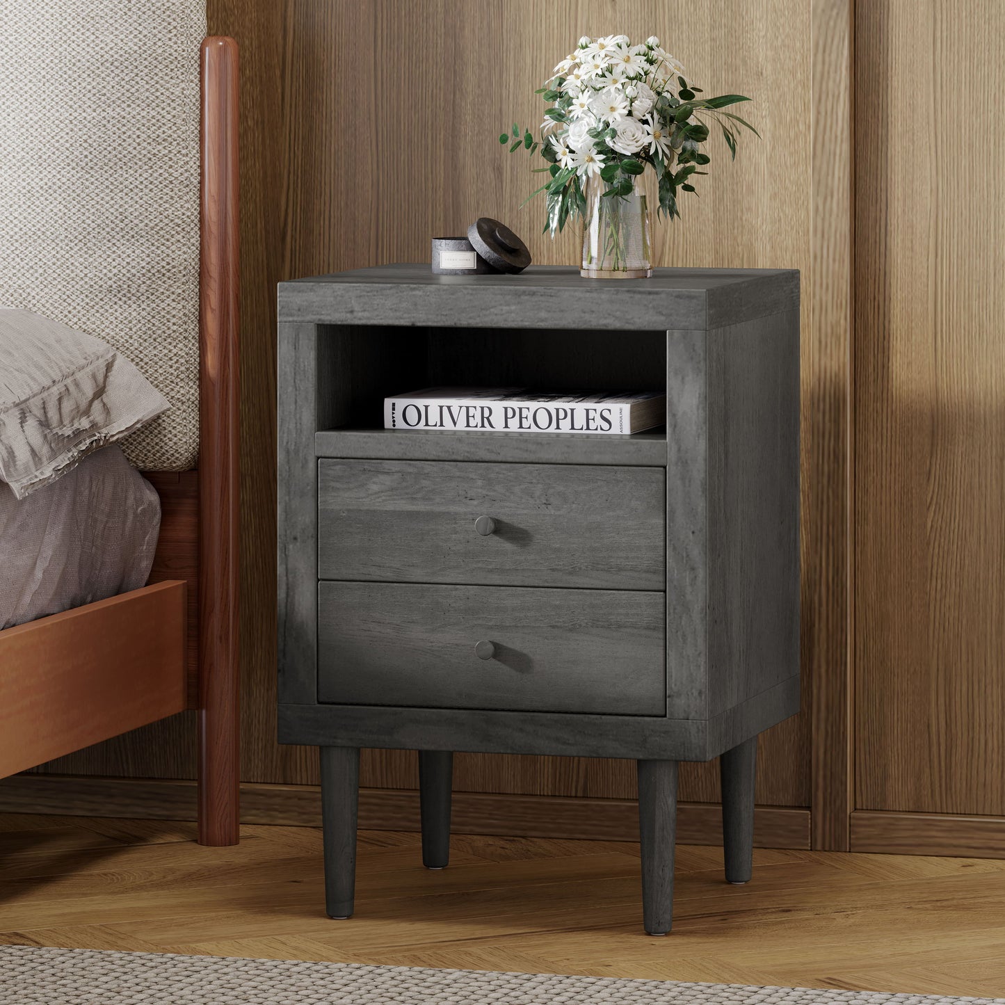 Nystrom - Mid Century Modern 2 Drawer Nightstand - Gray