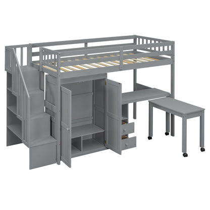 Twin Size Loft Bed With Stairs, Bookshelf, Drawers, Desk & Wardrobe, Space Saving Multifunctional Furniture - Gray