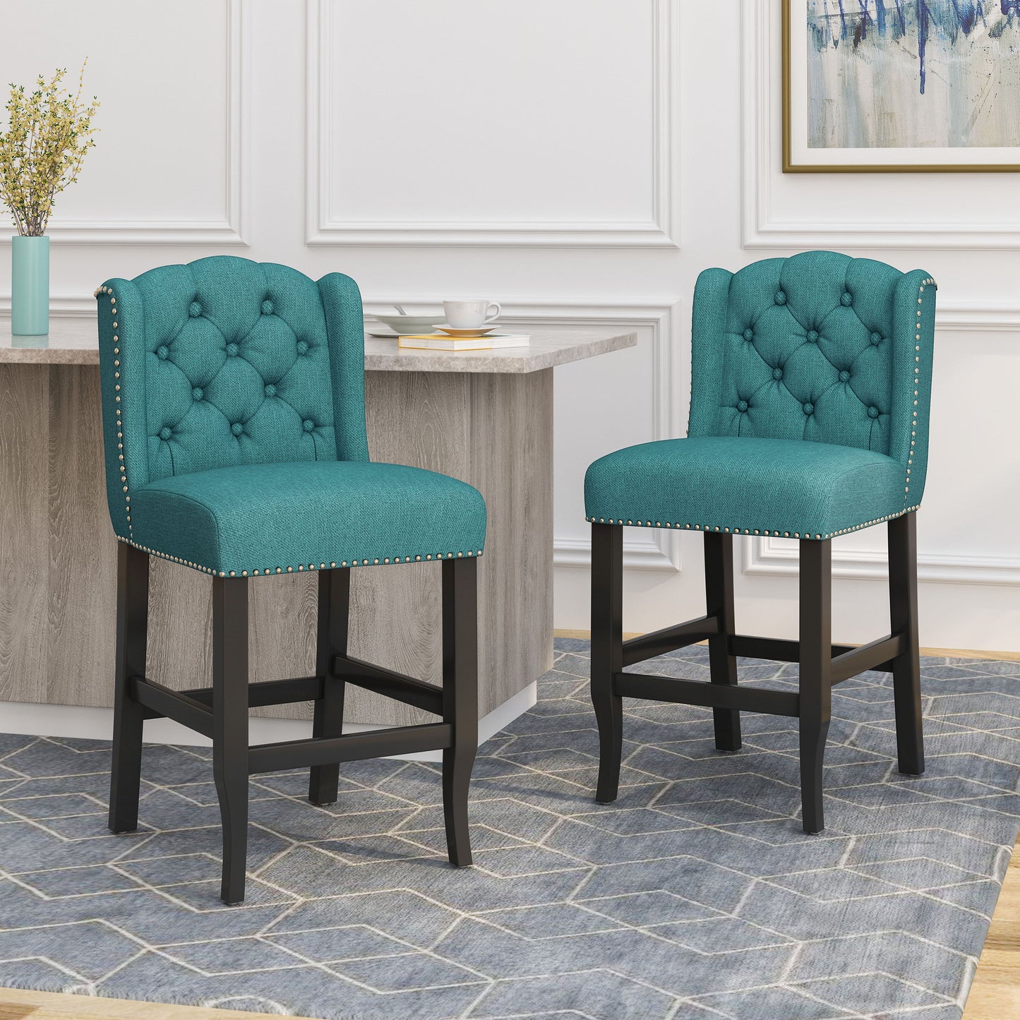 Solara - Fabric Tufted Counter Stool With Nailhead Accents (Set of 2) - Teal