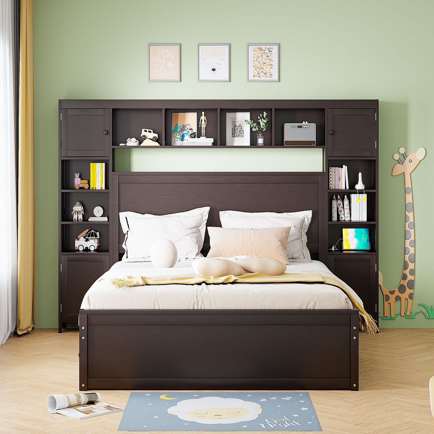 Queen Size Bed With All In One Cabinet, Shelf And Sockets, Twin Long Trundle - Espresso