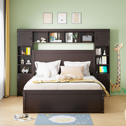Queen Size Bed With All In One Cabinet, Shelf And Sockets, Twin Long Trundle - Espresso