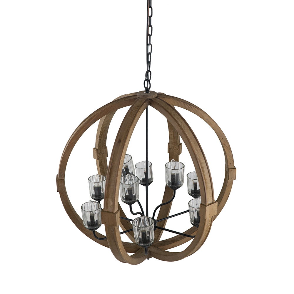 9 Light Globe Chandelier, Wood Chandelier Hanging Light Fixture With Adjustable Chain For Kitchen, Bulb Not Included - Brown