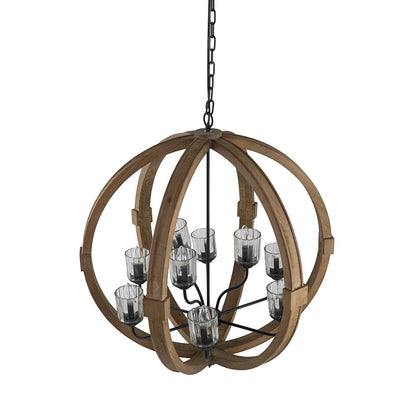 9 Light Globe Chandelier, Wood Chandelier Hanging Light Fixture With Adjustable Chain For Kitchen, Bulb Not Included - Brown