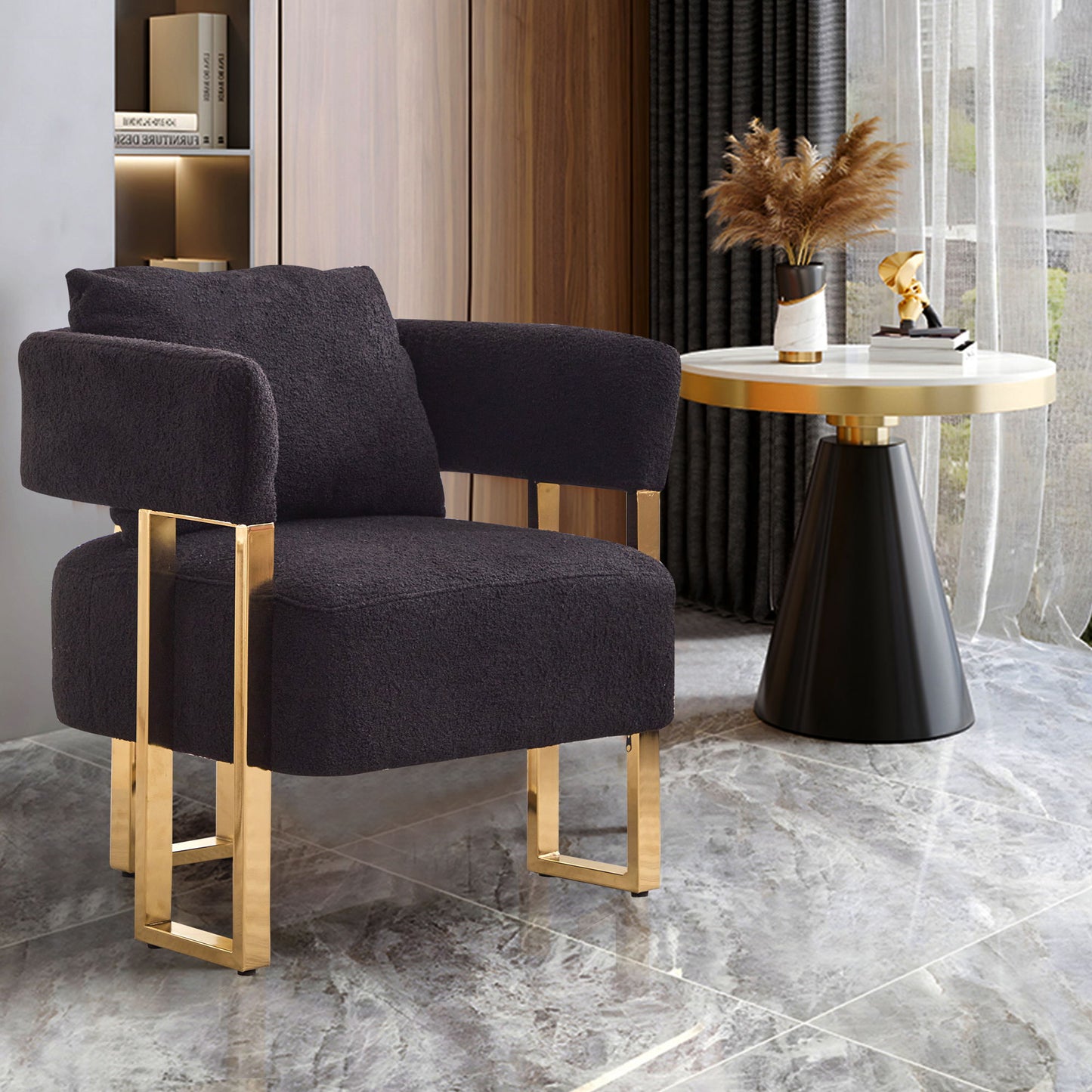 Modern Decorative Chair, Living Room Side Chair With Gold Metal Legs, No Wheels, Suitable For Dressing Area, Reception Room, Office, Teddy Fleece Upholstered Metal Foot Sofa 2 Pieces - Black