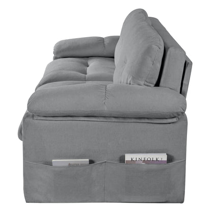 Modern Convertible Sleeper Sofa Bed With Pull Out Queen Design, Side Storage & Thick Cushions Chenille Loveseat For Living Room Or Bedroom 3 In 1 Function - Gray