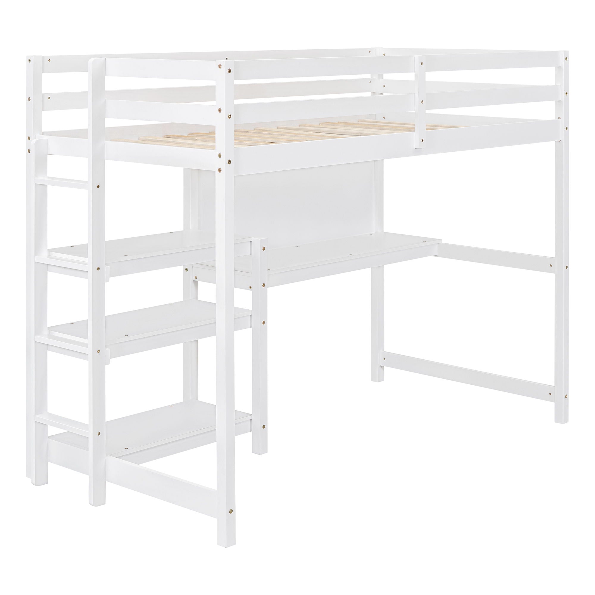 Twin Size Loft Bed With Shelves, Desk And Writing Board - White