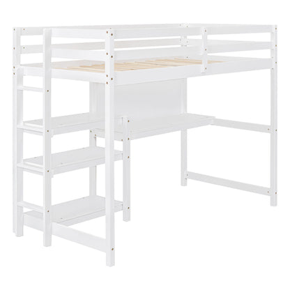 Twin Size Loft Bed With Shelves, Desk And Writing Board - White