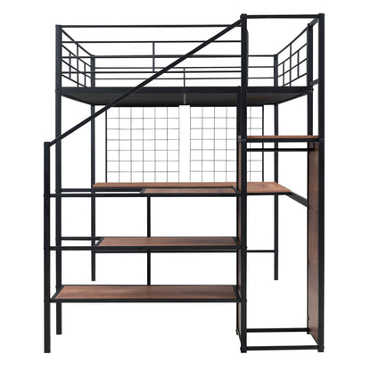 Full Size Loft Bed With Desk And Grid, Stylish Frame With Lateral Storage Ladder And Wardrobe - Black