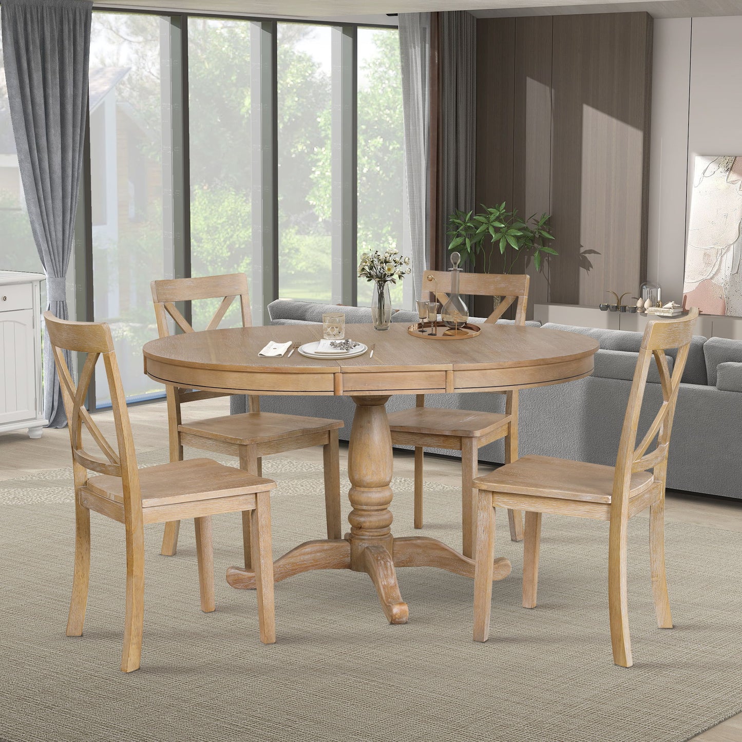 Modern Dining Table Set For 4, Round Table And 4 Kitchen Room Chairs, 5 Piece Kitchen Table Set For Dining Room, Dinette, Breakfast Nook - Natural Wood Wash