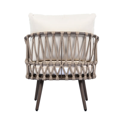 4 Piece Outdoor Patio Furniture Set, Metal Chairs With Woven Rope U Shaped Backrest, Outdoor Conversation Set With Thick Cushions And Coffee Table For Garden, Poolside, Balcony - Brown / Beige