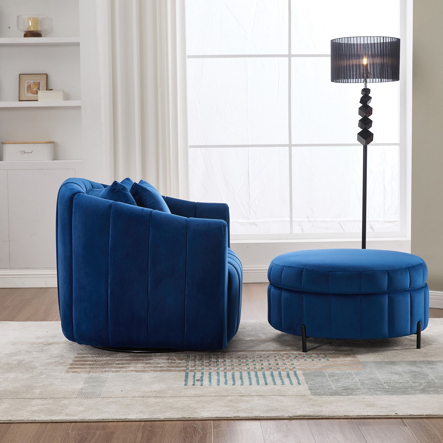 Oversized Swivel Barrel Accent Chair And Ottoman Set With Storage - Navy