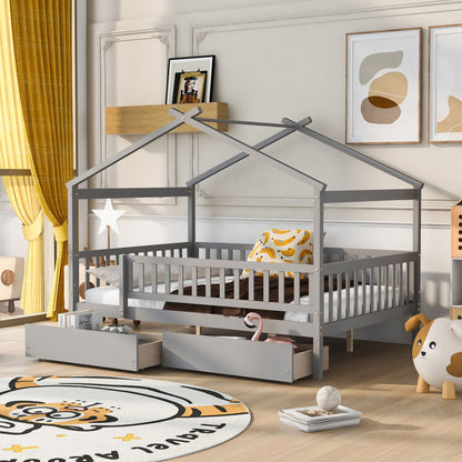 Full Size House Bed With 2 Drawers - Gray