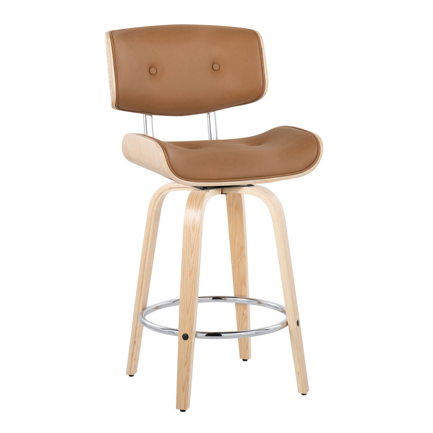 Lombardi - Mid-Century Modern Fixed Height Counter Stool With Swivel With Round Footrest (Set of 2) - Natural / Camel