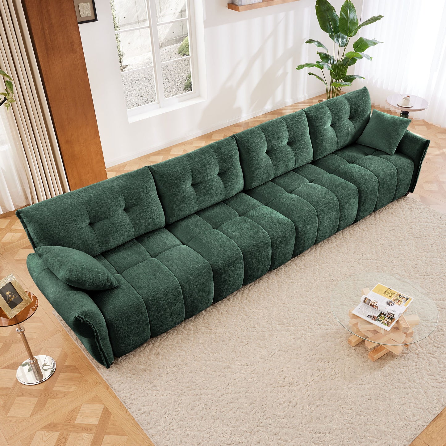 Modern 4 Seater Sofa With Solid Wood Frame, High Resilience Cushions - Premium Green