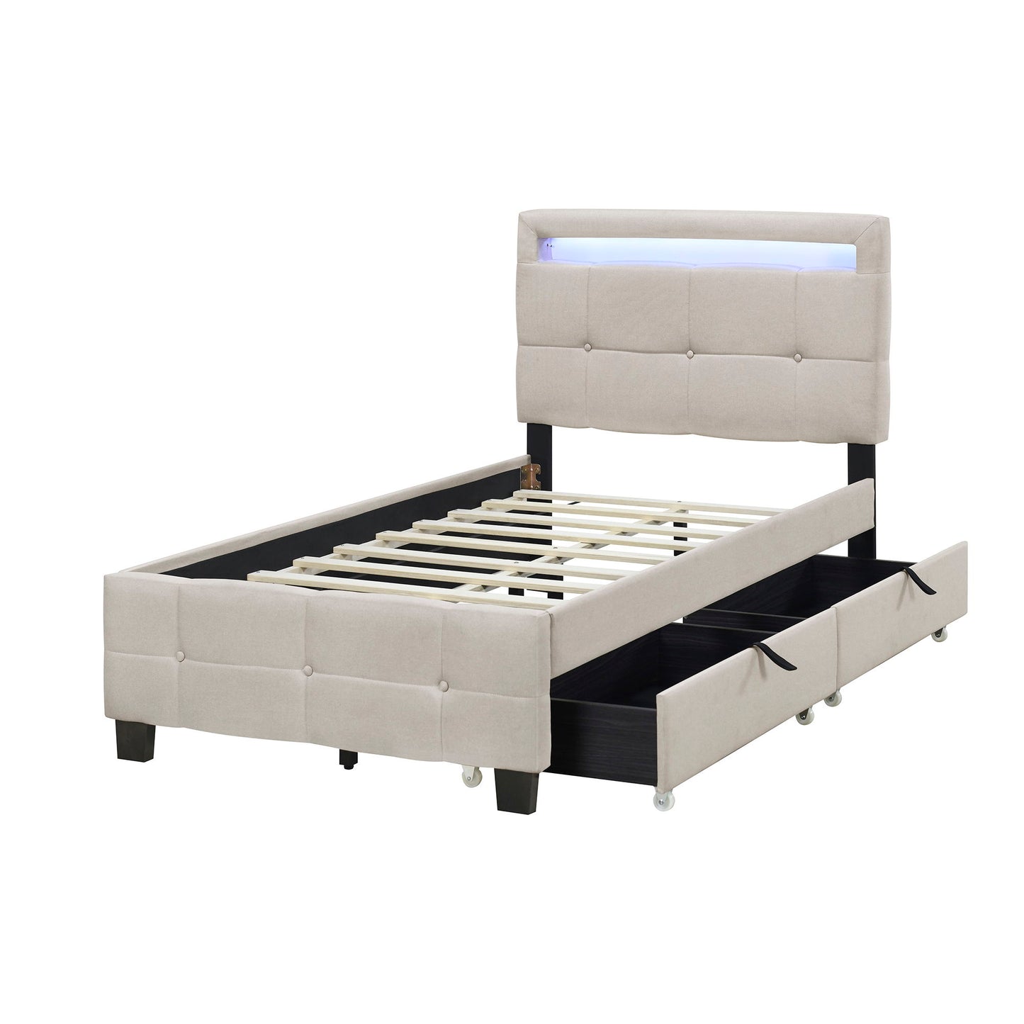 Twin Size Upholstered Platform Bed With LED Frame And 2 Drawers - Beige