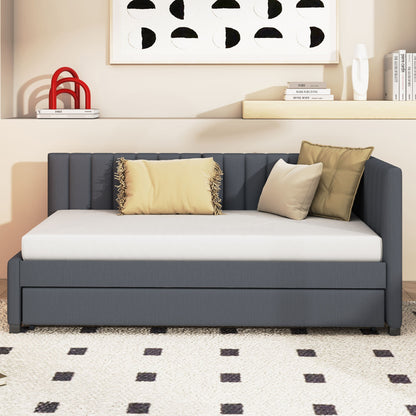 Upholstered Daybed With Trundle Twin Size Sofa Bed Frame No Box Spring Needed, Linen - Gray