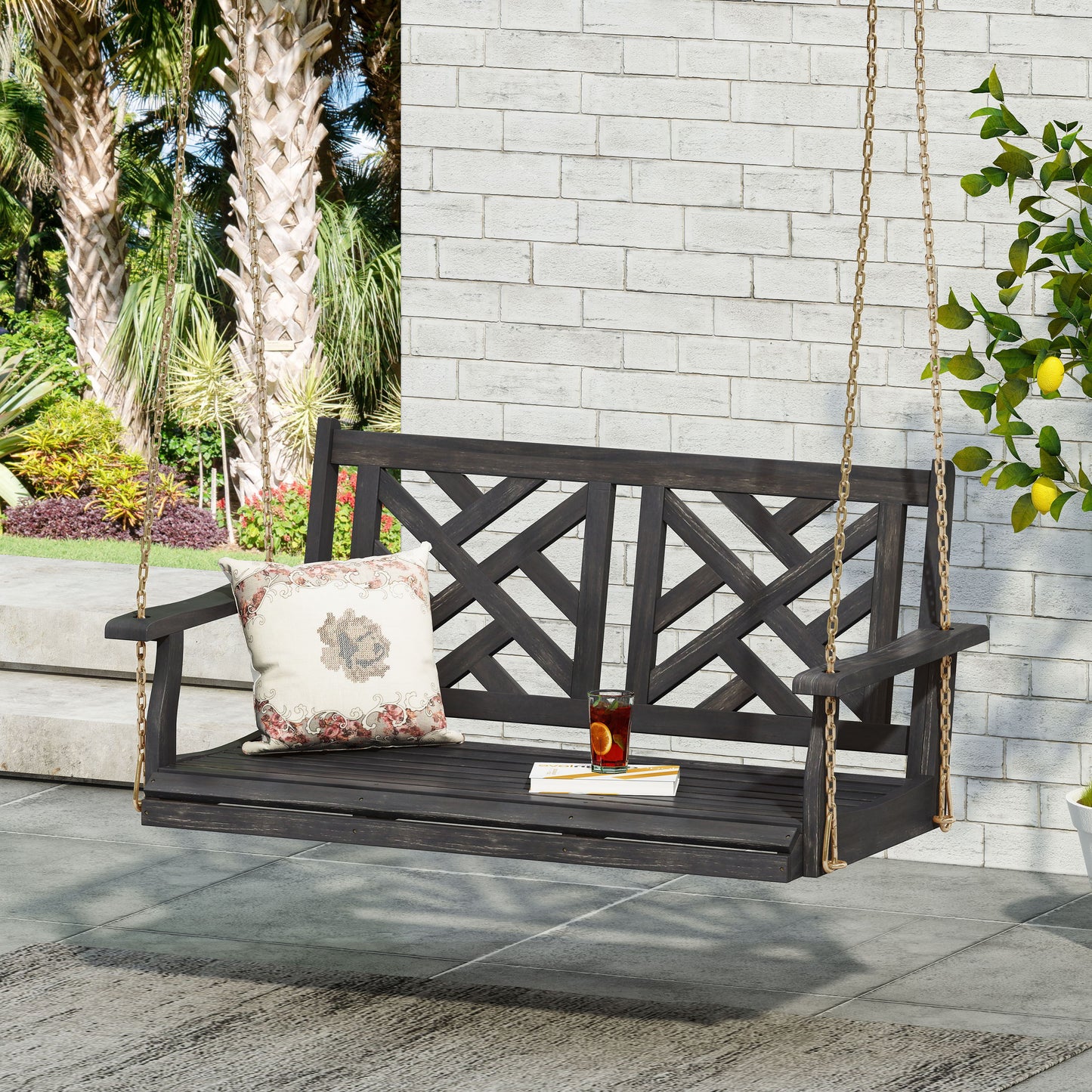 Alejandro - Acacia Wood Porch Swing With Slat Panel Seating - Dark Gray
