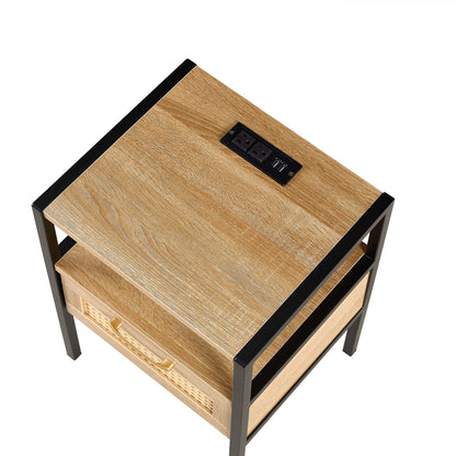 Rattan End Table With Power Outlet & USB Ports, Modern Nightstand With Drawer And Metal Legs, Side Table For Living Room, Bedroom - Natural