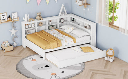 Wooden Full Size Daybed With Twin Size Trundle, Daybed With Storage Shelf And USB Charging Ports - White