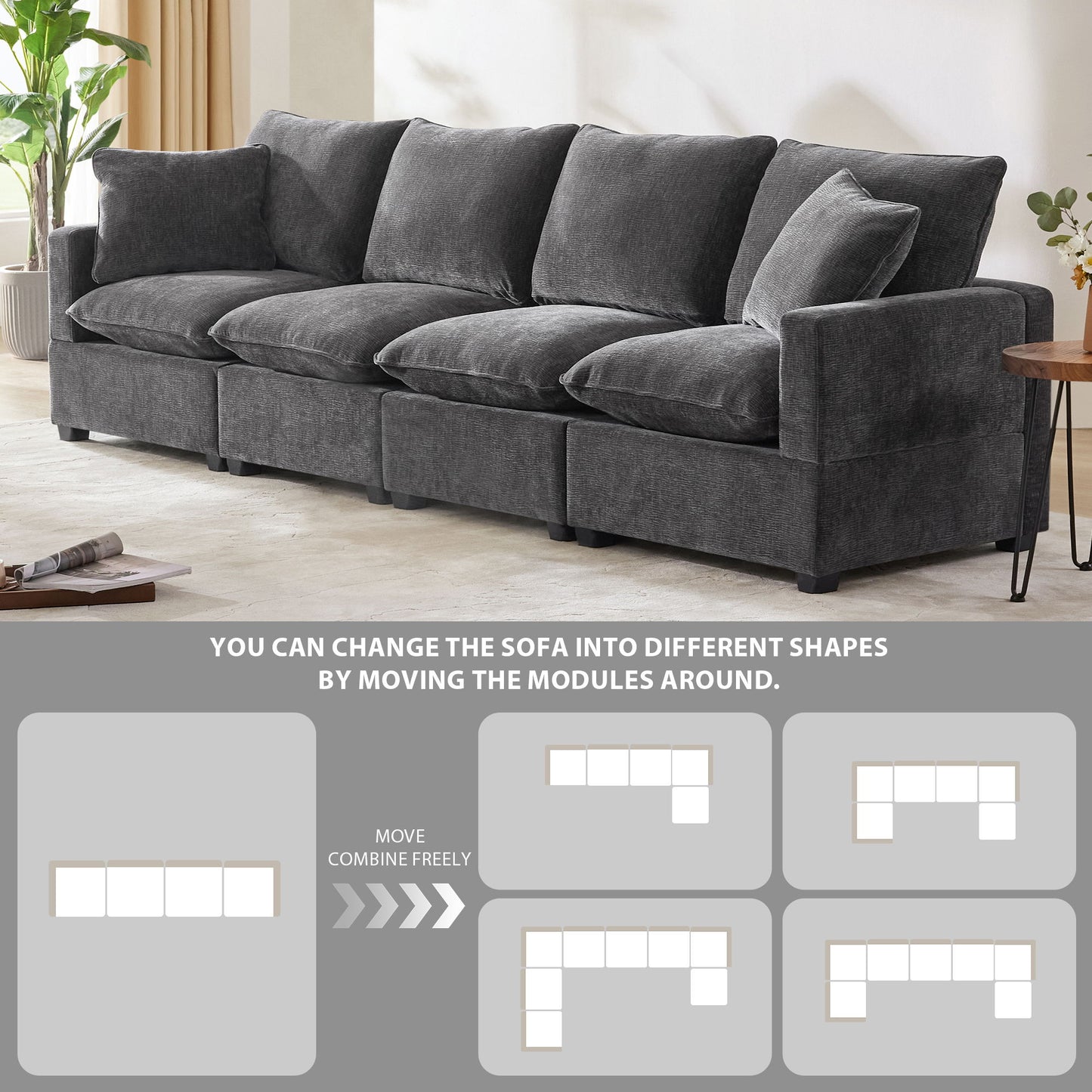 Modern Modular Sofa, 4 Seat Chenille Sectional Couch Set With 2 Pillows Included, Freely Combinable Indoor Funiture - Black / Gray