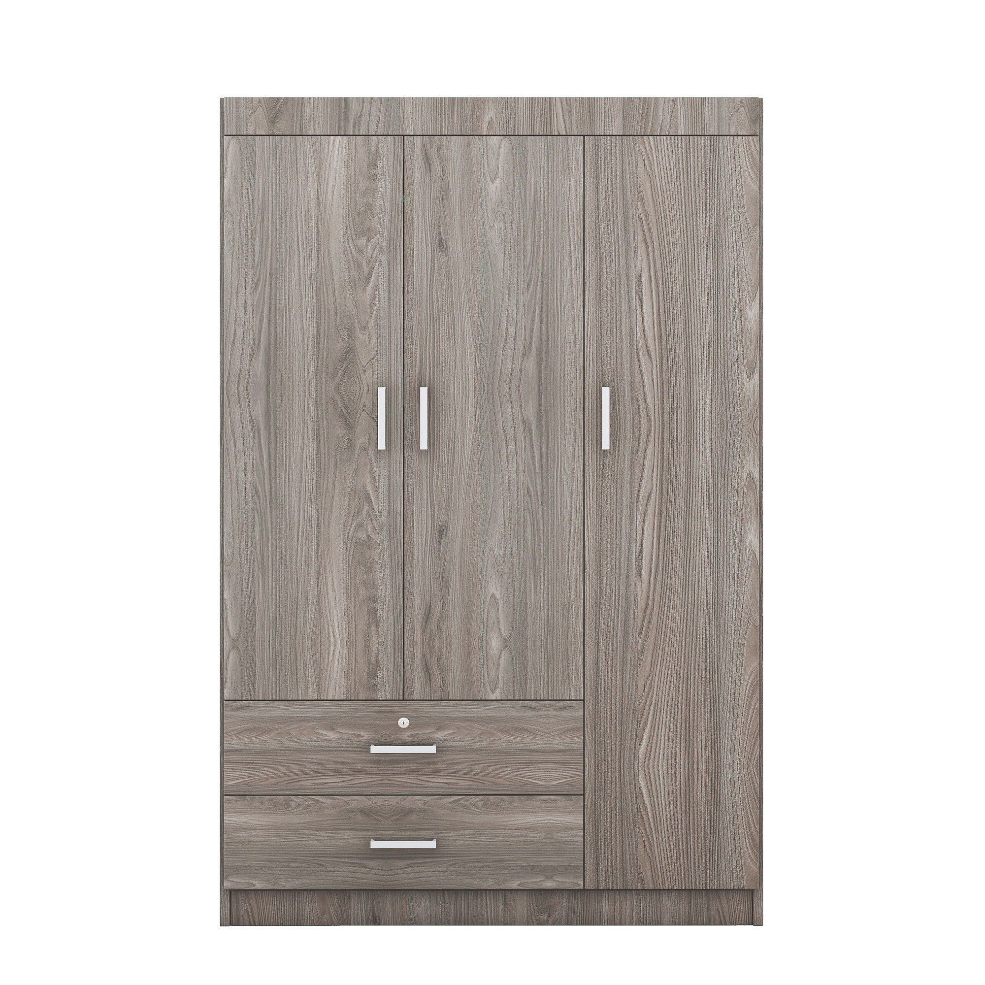 3 Door Wardrobe With 2 Drawers, Grain Effect - Gray