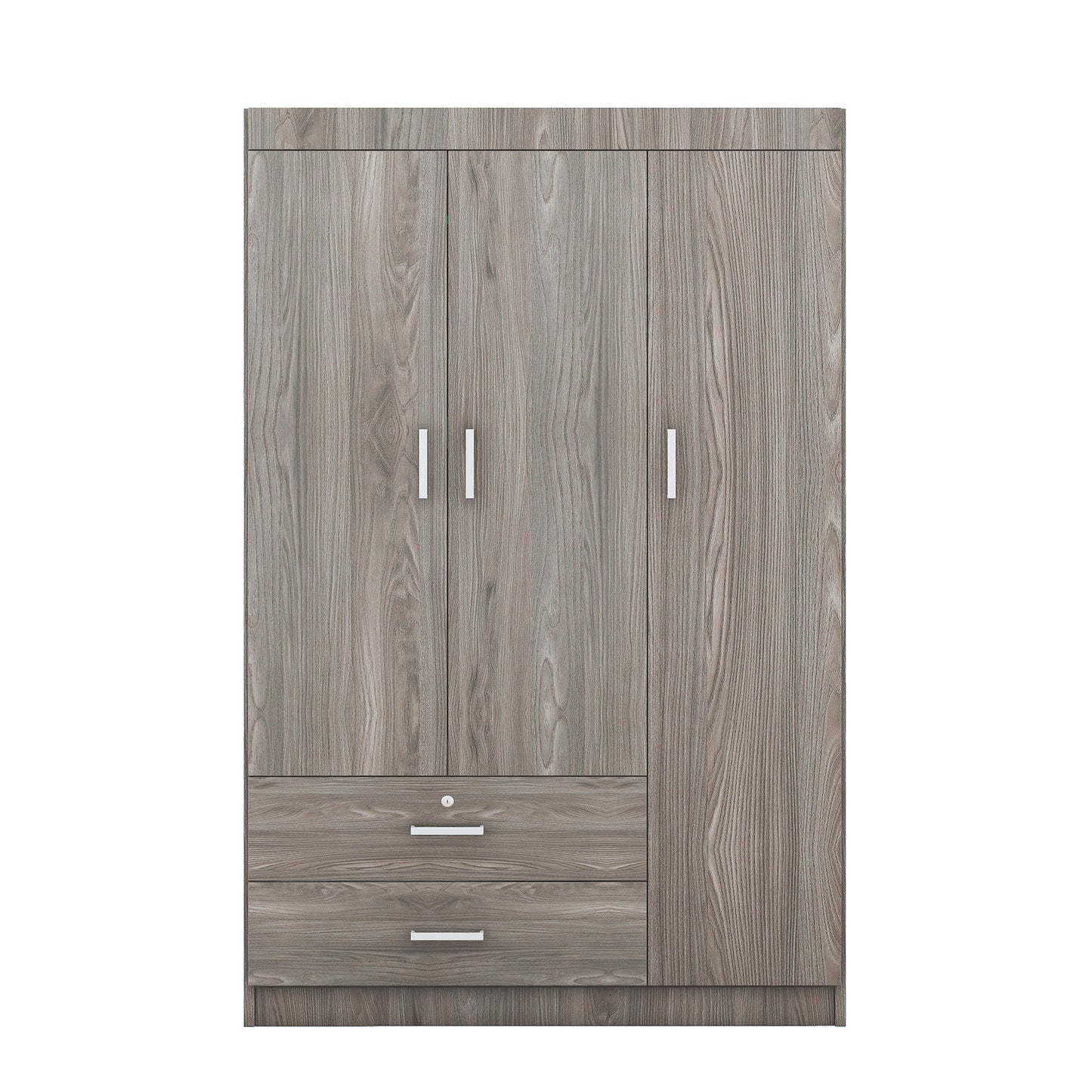 3 Door Wardrobe With 2 Drawers, Grain Effect - Gray