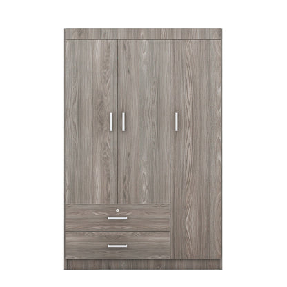 3 Door Wardrobe With 2 Drawers, Grain Effect - Gray