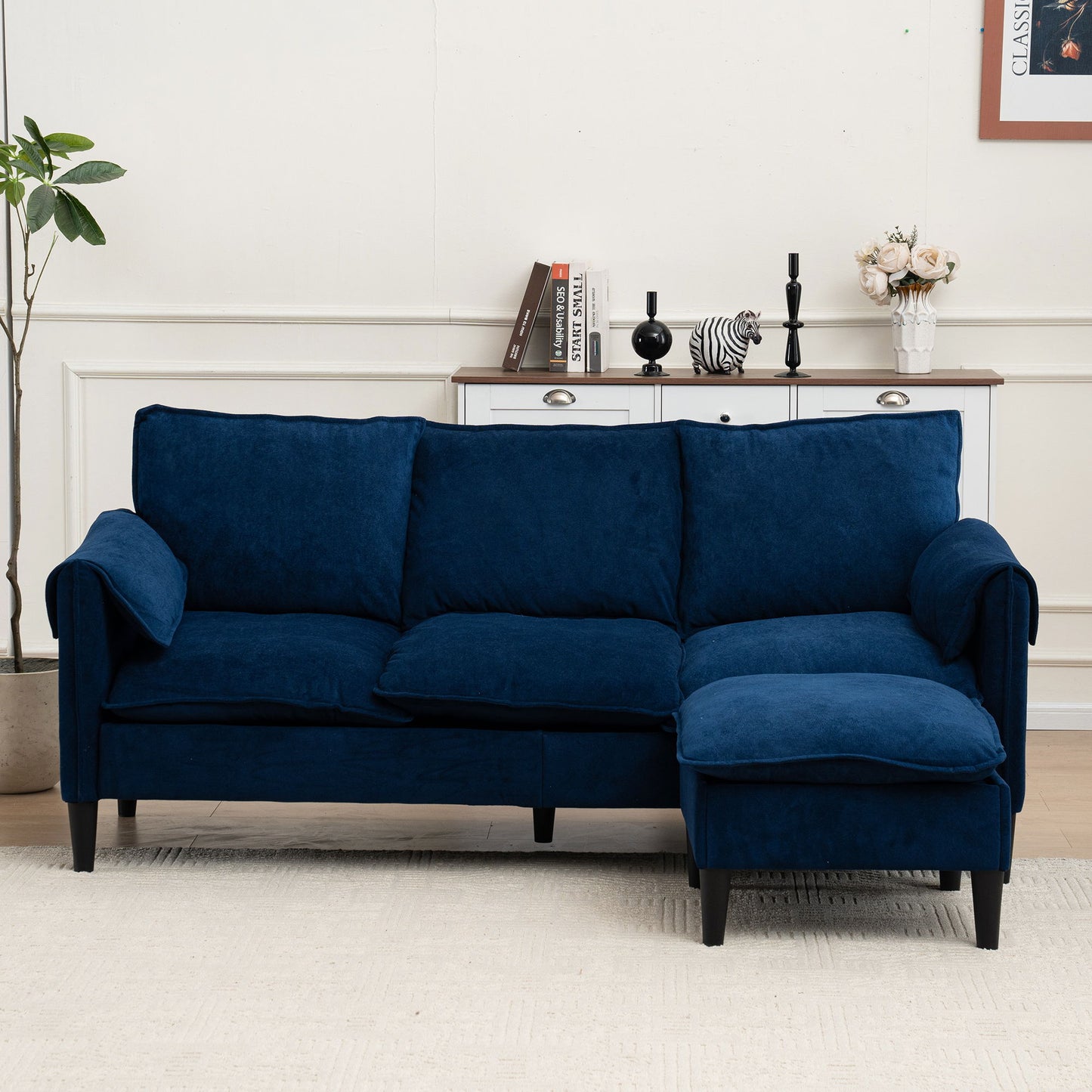 Convertible Combination Sofa, Sofa L Shaped, Sofa With Footstools With Storage Sofa For Living Room, Living Room 3 Seater Combination Sofa - Blue