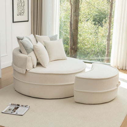 Modern Oversized Round Barrel Accent Chair With Ottoman Velvet Upholstered Lounge Armchair With 5 Pillows For Living Room Or Bedroom - Beige