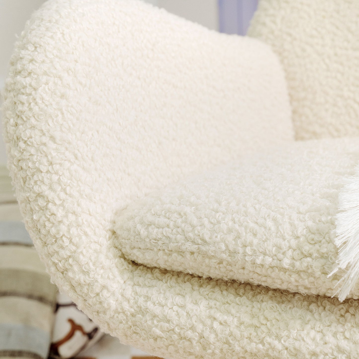 Rocking Chair Nursery, Teddy Upholstered Rocker Glider Chair With High Backrest, Adjustable Headrest & Pocket, Comfy Glider Chair For Nursery, Bedroom, Living Room, Offices, Rubber Wood - Beige