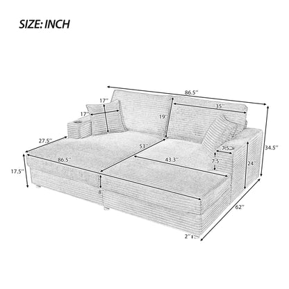 Oversized Loveseat Chaise Lounge Sectional Sofa Bed Corduroy Sleeper Sofa With 2 USB Ports, 2 Cup Holders And 2 Throw Pillows For Living Room And Bedroom - Dark Gray