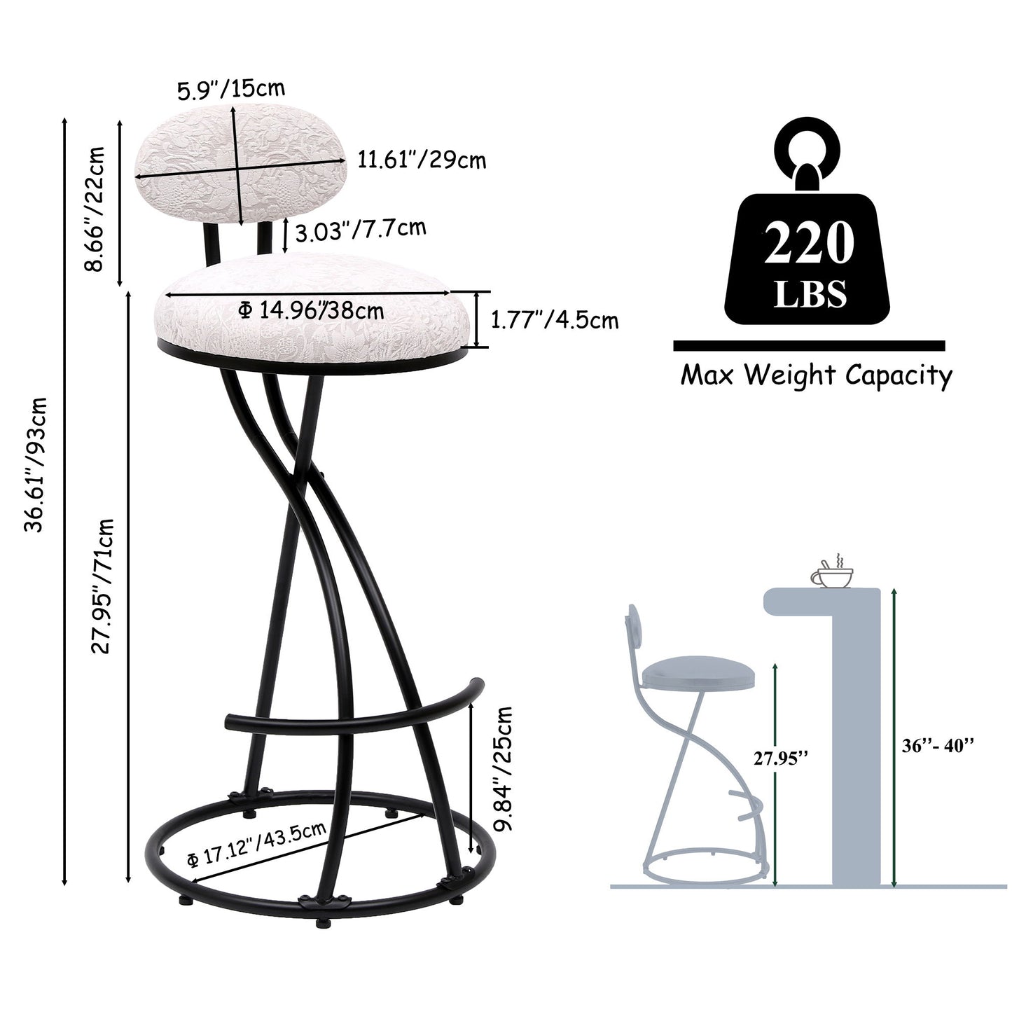 Round Print Bar Stools (Set of 2) Metal Upholstered Chairs For Kitchen Island & Dining Rooms - Black & White Print