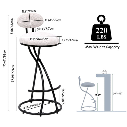 Round Print Bar Stools (Set of 2) Metal Upholstered Chairs For Kitchen Island & Dining Rooms - Black & White Print