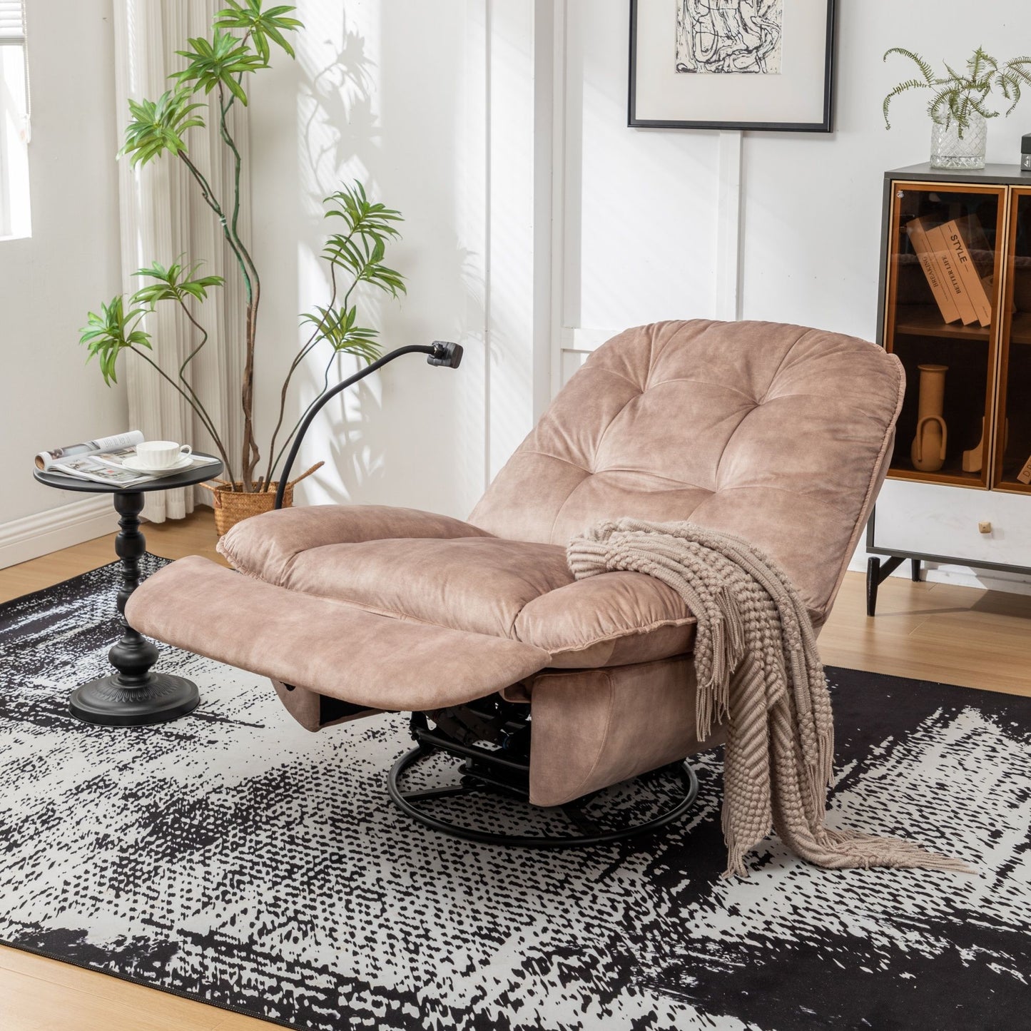 Modern Swivel Gliding Recliner Chair With Rocking Function And Phone Holder - Large Comfortable Reading Chair Stamped Velvet - Natural Brown