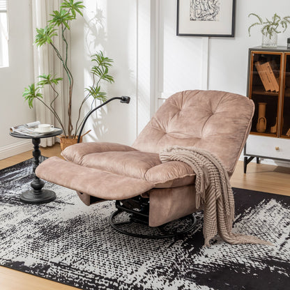 Modern Swivel Gliding Recliner Chair With Rocking Function And Phone Holder - Large Comfortable Reading Chair Stamped Velvet - Natural Brown