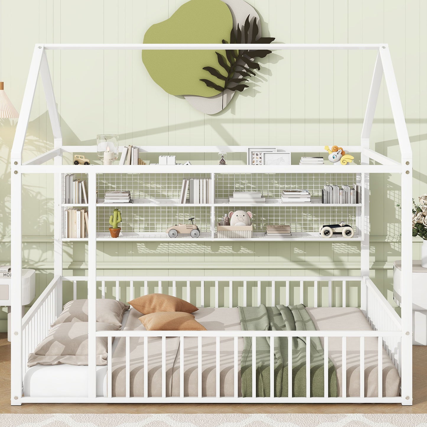 Full Size Bed House Frame With Fence And Shelves - White