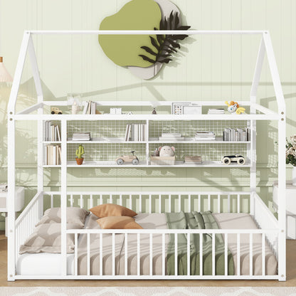 Full Size Bed House Frame With Fence And Shelves - White